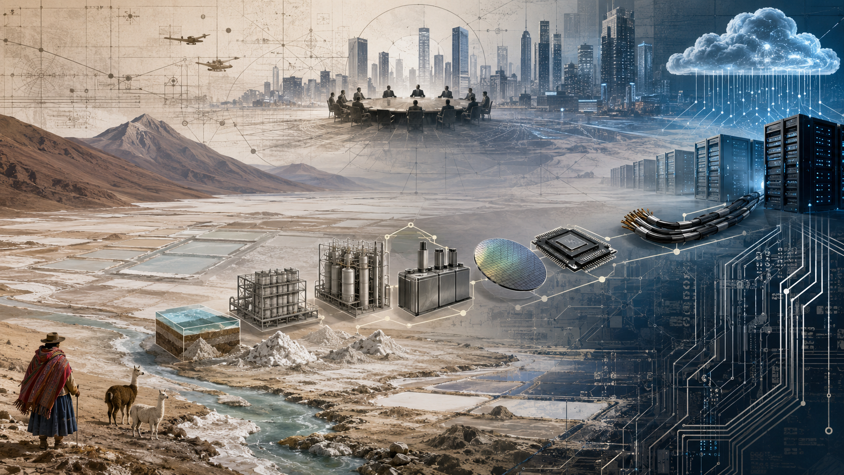 Ilustración de un salar andino conectado mediante una cadena industrial con baterías, microchips, centros de datos y una nube digital, mientras una persona y varias llamas permanecen junto al agua.