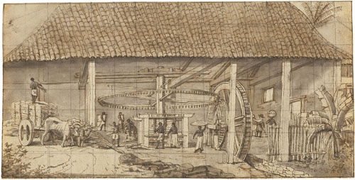 Historical illustration of a mill with large gears, draught animals and people at work.
