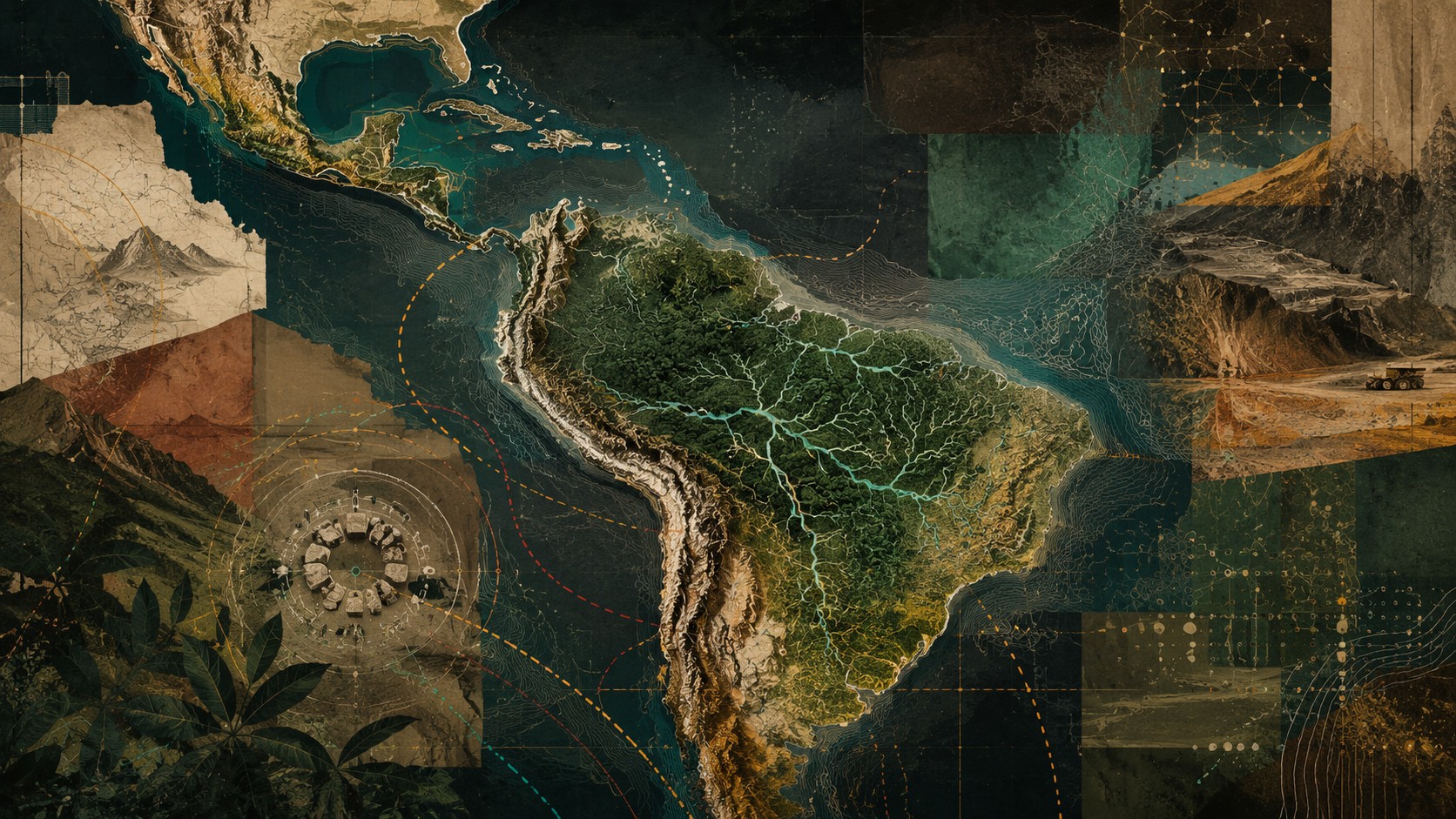 Póster editorial vertical en tonos tierra con fragmentos de mapas coloniales, curvas de nivel, textura de selva y una retícula de datos al fondo.
