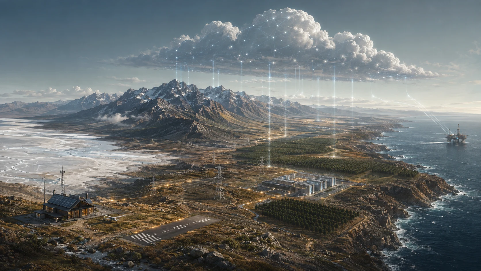 Illustration of a connected digital cloud over mountainous territory with energy, infrastructure and extractive activity.