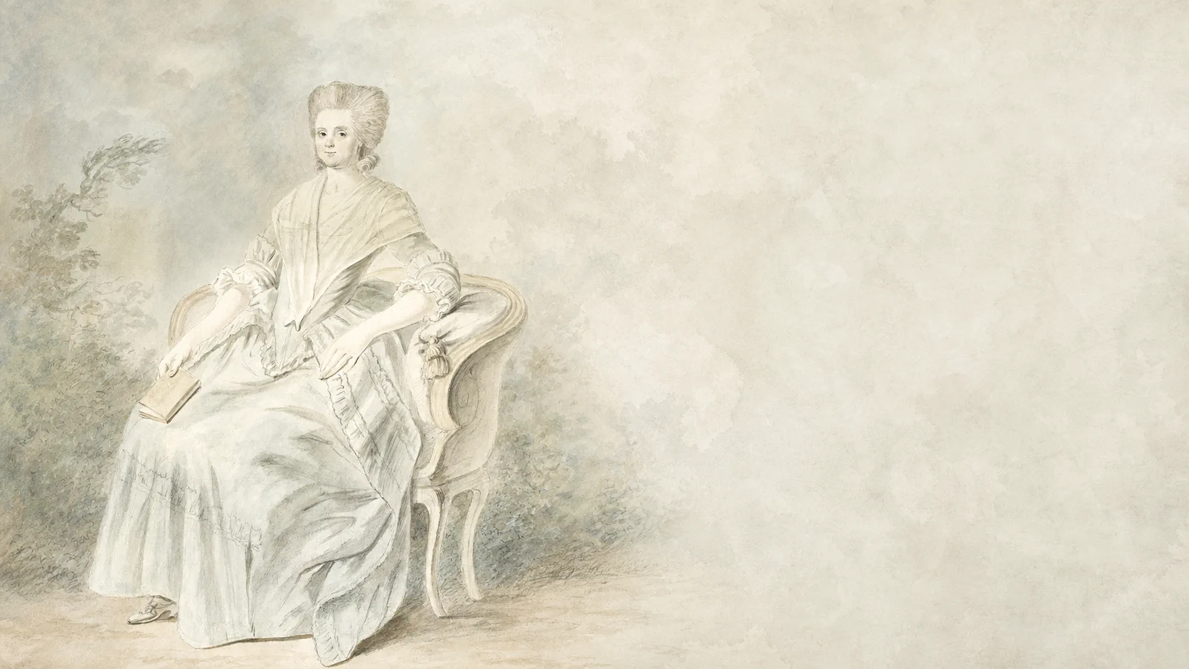 Retrato de Olympe de Gouges sentada en un sillón y sosteniendo un libro, utilizado para ilustrar una reflexión sobre la apropiación y manipulación digital de la imagen.