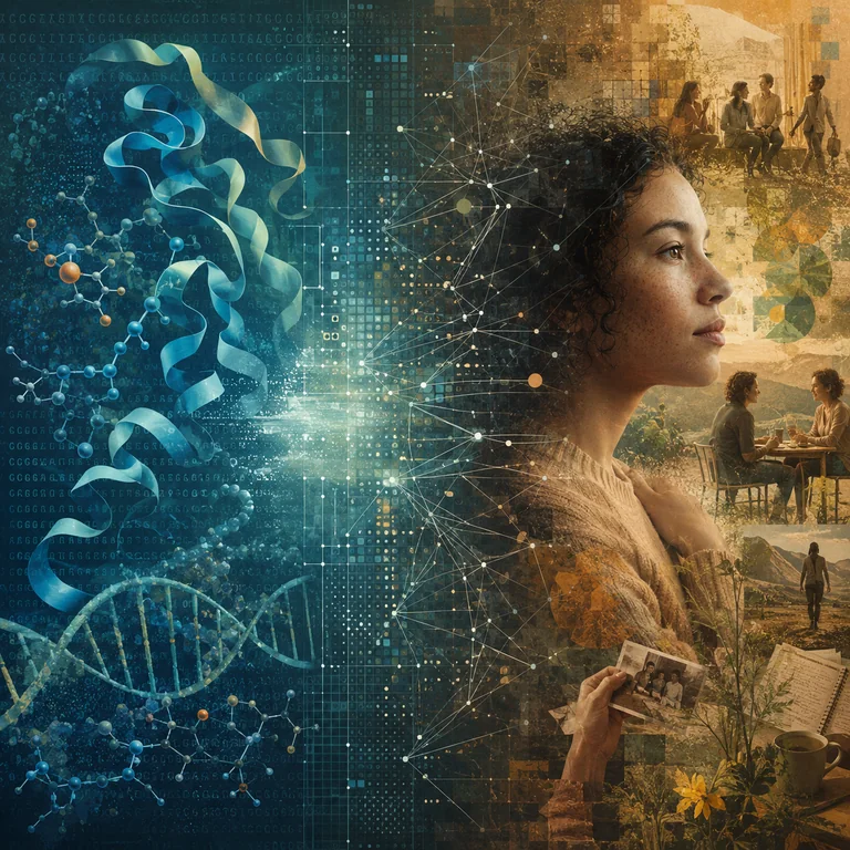 Ilustración editorial sobre modelos de lenguaje de proteínas, datos biomédicos y la persona como dato.