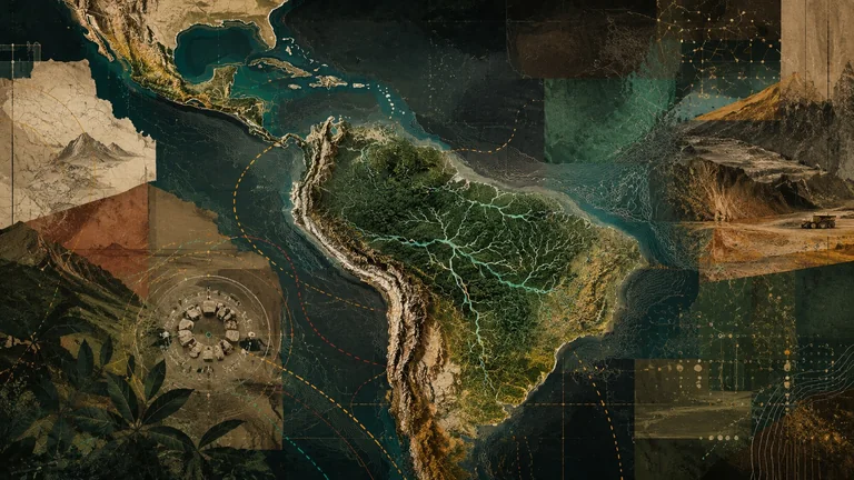 Póster editorial vertical en tonos tierra con fragmentos de mapas coloniales, curvas de nivel, textura de selva y una retícula de datos al fondo.