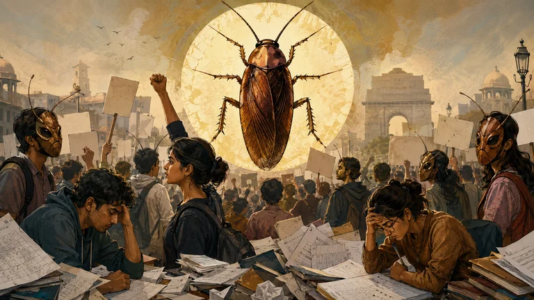 Editorial illustration of a student protest among examinations and cockroaches